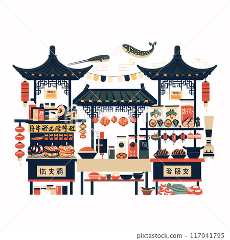 Traditional Asian street food market various stalls lanterns. Food vendors selling dumplings, beverages, snacks, delicacies. Vibrant illustration featuring pagodastyle roofs, red hanging lanterns 117041795