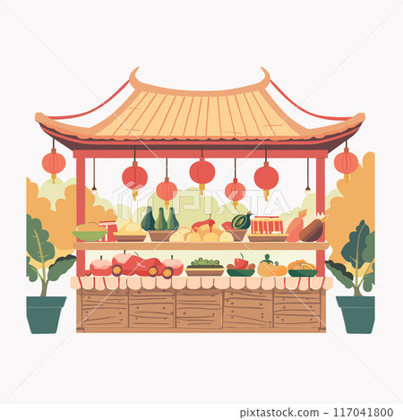 Street market stand offering variety fresh vegetables fruits under traditional pagoda roof decorated red lanterns. Farmers market stall displaying produce green leafy plants isolated white 117041800