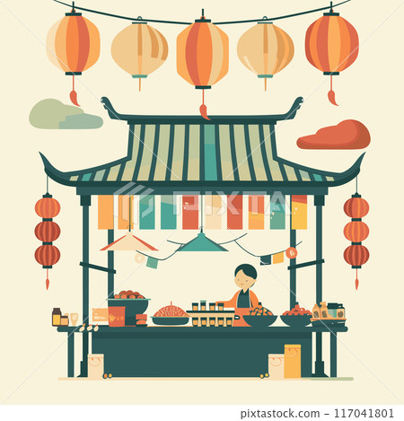 Traditional Asian market stall vibrant red lanterns colorful rooftop. Female vendor selling food items outdoor festival setting. Handdrawn style illustration festive atmosphere. Asian food stall 117041801