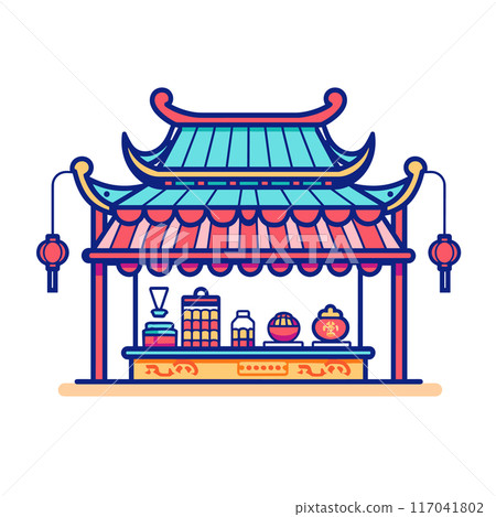 Asian market stall display various food items, colorful structure, lanterns hanging. Traditional architecture style canopy, multicolor roof, isolated white background. Chinese vendor booth, selling 117041802