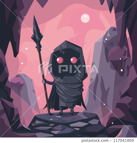 Fantastical darkclad figure holding spear stands rocky platform. Pinklit cave ominous atmosphere surrounds mysterious character. Hooded figure glowing eyes suggests adventure, mystery, fantasy 117041809