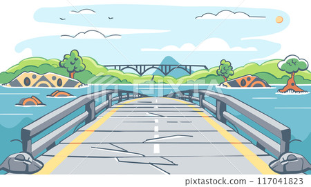 Wooden pier leading tranquil water, sun sky, broken bridge, flooding. Trees partially submerged, birds flying, peaceful riverine scene, cracked bridge disaster. Stylized colorful drawing depicting 117041823