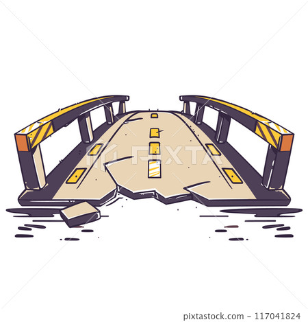 Broken bridge illustration isolated white background. Collapsed road infrastructure disaster cartoon. Damaged overpass highway vector scene 117041824