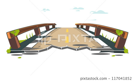 Broken wooden bridge cartoon, cracked structure, pathway collapse. Damaged road, unsafe crossing, concept disaster. Cartoon cracked bridge, infrastructure failure, risk danger Broken wooden bridge cartoon, cracked structure, pathway collapse. Damaged road, unsafe crossing, concept disaster. Cartoon cracked bridge, infrastructure failure, risk danger 117041852
