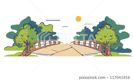 Handdrawn style vector illustration park scene featuring wooden bridge crossing ravine lush green trees blue skies. Simplistic outdoor landscape art, bright sunny day, nature concept. Serene park Handdrawn style vector illustration park scene featuring wooden bridge crossing ravine lush green trees blue skies. Simplistic outdoor landscape art, bright sunny day, nature concept. Serene park 117041858
