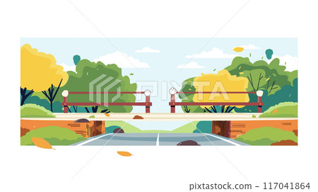 Scenic park bridge over water, autumn, tranquil public park setting. Wooden bridge crossing calm water, lush green trees, yellow autumn foliage, peaceful atmosphere, colors Scenic park bridge over water, autumn, tranquil public park setting. Wooden bridge crossing calm water, lush green trees, yellow autumn foliage, peaceful atmosphere, colors 117041864