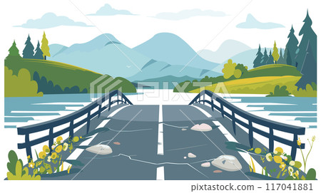 Wooden bridge overlooking calm river distant mountains. Scenic landscape vector illustration featuring serene nature, clear skies. Flat design nature scene, vector art, cool tones Wooden bridge overlooking calm river distant mountains. Scenic landscape vector illustration featuring serene nature, clear skies. Flat design nature scene, vector art, cool tones 117041881