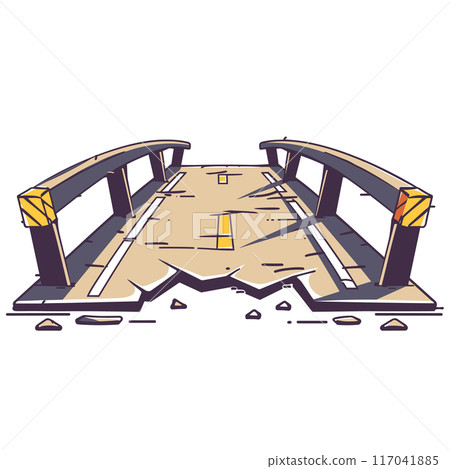 Broken bridge graphic isolated white background. Damaged overpass cartoon illustration beige blue. Destroyed viaduct debris rubble illustration 117041885