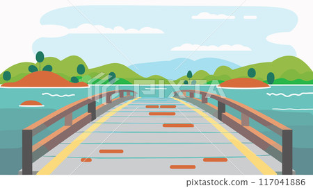 Wooden bridge across calm river leading towards green hills islands. Flat style scenic landscape, serene nature illustration, wooden footbridge over water, daytime. Vector graphic countryside blue 117041886