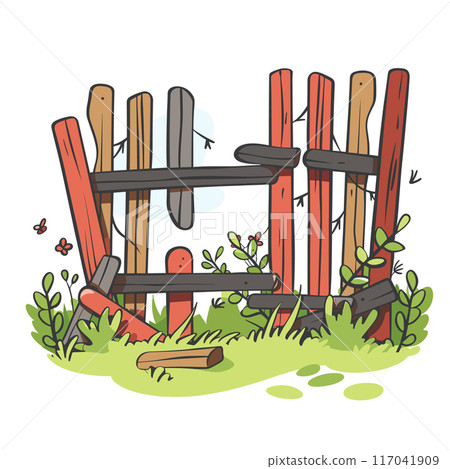 Colorful cartoon wooden fence broken down surrounded greenery plants, outdoor rural scene. Vector illustration garden disassembled, dilapidated wooden barrier vegetation. Cheerful, peaceful 117041909