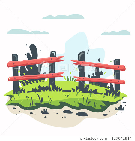 Broken wooden fence cartoon vector illustration. Damaged wood fence, grass, dirt path, peaceful sky. Cartoon style broken fence isolated white 117041914