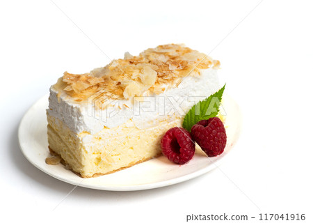 Delicious creamy cheesecake slice garnished with fresh raspberries and leaf. Delicious creamy cheesecake slice garnished with fresh raspberries and leaf. 117041916