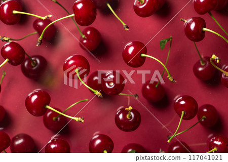 Cluster of fresh cherries on red background in bright and vivid colors Cluster of fresh cherries on red background in bright and vivid colors 117041921