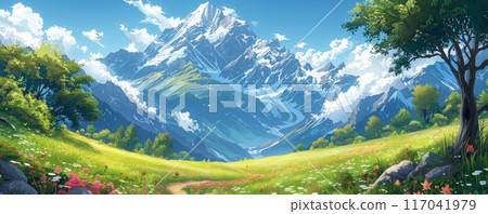 美麗的山風景與綠色的草地和鮮花 117041979