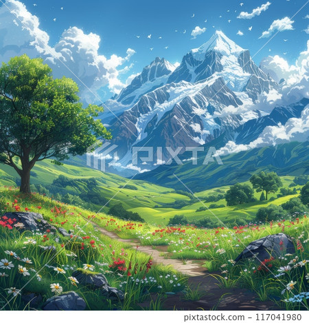 美麗的山風景與綠色的草地和鮮花 117041980