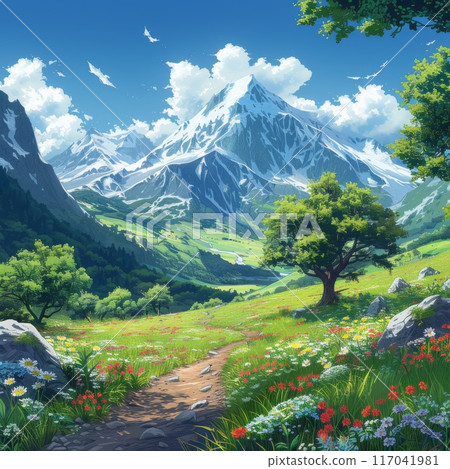 美麗的山風景與綠色的草地和鮮花 117041981