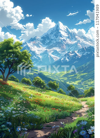 美麗的山風景與綠色的草地和鮮花 117041989