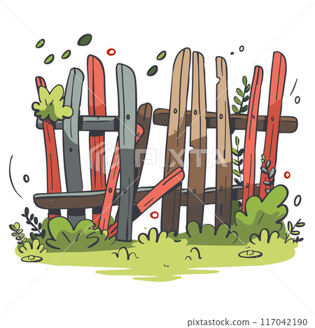Old colorful wooden fence surrounded grass plants. Cartoon style weathered wood fence illustration greenery. Rustic backyard decorated foliage 117042190