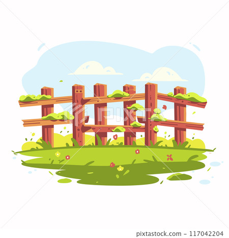 Cartoon wooden fence surrounded grass flowers, broken neglected. Sunlit day clouds behind rustic barrier countryside. Overgrown damaged garden fencing tranquil nature scene 117042204