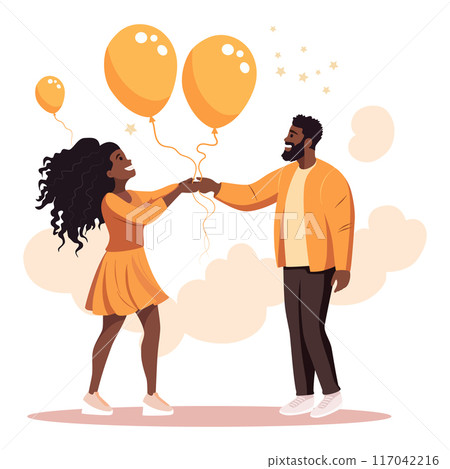 A happy girl and a man are holding balloons. Flat illustration 117042216