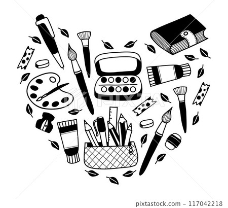 Shape heart with stationery and art supplies, hobby items in hand drawn doodle style. Paints, brushes, eraser, books, palette and pencil case. Back to school design. Vector illustration 117042218