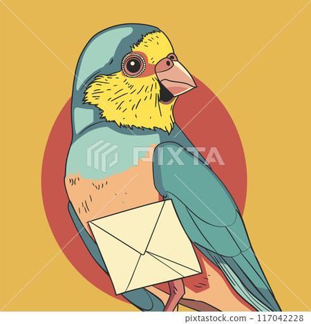 Cartoon bird holding envelope, yellow blue parrot delivers mail, avian messenger concept art. Bird illustration carrying letter, colorful animal postal service drawing, creative graphic design 117042228