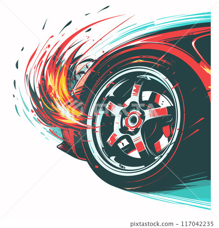 Racing car wheel spinning fast dynamic motion blur fiery sparks. Speed concept sports car illustration red light turquoise streaks. Closeup tire aggressive flame design 117042235