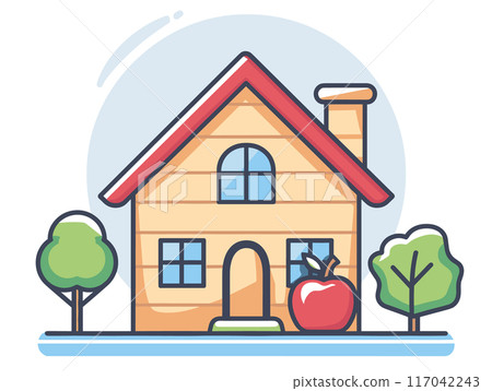 Cartoon house illustration red roof, chimney, blue windows, surrounded two trees red apple. Residential home drawing, cozy cottage concept, colorful suburban living, isolated white background 117042243