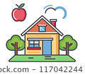 Bright cartoon house surrounded trees apple hovering. Educational illustration kids learning, simple home. Concept drawing real estate, property selection, colorful elements 117042244