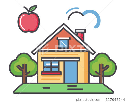 Bright cartoon house surrounded trees apple hovering. Educational illustration kids learning, simple home. Concept drawing real estate, property selection, colorful elements 117042244
