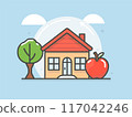 Cute brown house red roof front tree apple sunny day clear sky. Cartoon style home simple drawing bright colors cheerful. Line art illustration cozy dwelling small cottage educational material 117042246