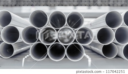 PVC pipes stack in construction sites. 117042251