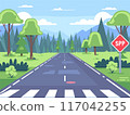 Empty road leading through countryside towards mountains, cartoon style, green trees vegetation. Road sign SPP text, clear blue sky, pedestrian crossing, sunny day outdoors. Calm nature scene 117042255