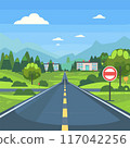 Straight road leading mountainous horizon, no entry sign, clear sky, cartoon style. Bright green trees, buildings colorful rooftops lining road, no vehicles visible. Calm, sunny landscape, serene 117042256