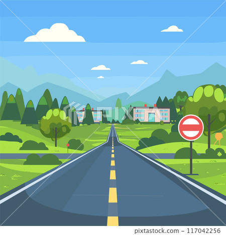 Straight road leading mountainous horizon, no entry sign, clear sky, cartoon style. Bright green trees, buildings colorful rooftops lining road, no vehicles visible. Calm, sunny landscape, serene 117042256