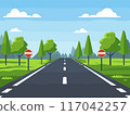 Straight road disappearing into horizon, cartoon style, clear day. Road signs next trees, grassy roadside, mountain backdrop. Symmetrical trees line vanishing point road, vibrant colors 117042257