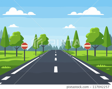 Straight road disappearing into horizon, cartoon style, clear day. Road signs next trees, grassy roadside, mountain backdrop. Symmetrical trees line vanishing point road, vibrant colors Straight road disappearing into horizon, cartoon style, clear day. Road signs next trees, grassy roadside, mountain backdrop. Symmetrical trees line vanishing point road, vibrant colors 117042257
