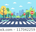 Cartoon cityscape pedestrian crossing traffic signs. Flat design city street trees, bushes, modern buildings. No traffic, sunny day, clear sky, vibrant colors 117042259