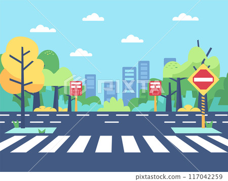 Cartoon cityscape pedestrian crossing traffic signs. Flat design city street trees, bushes, modern buildings. No traffic, sunny day, clear sky, vibrant colors Cartoon cityscape pedestrian crossing traffic signs. Flat design city street trees, bushes, modern buildings. No traffic, sunny day, clear sky, vibrant colors 117042259