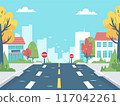 Suburban street empty leading towards city skyline sunny day. Cartoon style residential area road trees houses stop sign. Urban landscape autumn trees colorful buildings vector illustration sky 117042261