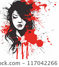 Graphic illustration Asian female red splashes, artistic design. Womans portrait black white red ink blot effect, abstract. Splattered background, stylized female character, modern art 117042266