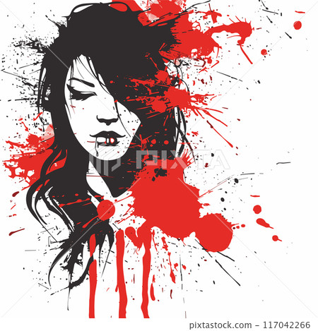 Graphic illustration Asian female red splashes, artistic design. Womans portrait black white red ink blot effect, abstract. Splattered background, stylized female character, modern art 117042266
