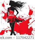 Stylish woman silhouette, dynamic red dress, black red splatter fashion. Abstract fashionable female profile, artistic ink splash background, elegance concept. Fashion illustration black hair 117042271