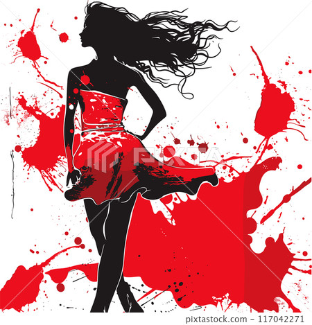 Stylish woman silhouette, dynamic red dress, black red splatter fashion. Abstract fashionable female profile, artistic ink splash background, elegance concept. Fashion illustration black hair 117042271