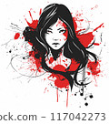 Asian woman, artistic portrait red splashes, mysterious expression. Black hair, red black colors dominate, intense gaze, graphic design. Stylized illustration female paint splatter effect 117042273