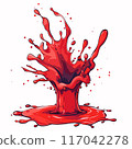 Bright red splash resembling thick liquid erupting upwards. Vibrant crimson splatter effect against plain background. Dynamic red droplets suspended around central splash 117042278