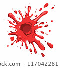 Bright red splatter resembling blood paint splashed against backdrop. Vibrant color splash, suggesting violent impact painting activity. Graphic red blot droplets ejection pattern 117042281
