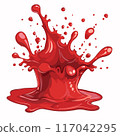 Vibrant red splash resembling blood paint, dynamic liquid splatter effect, cartoon style droplets. Red fluid bursting up, glossy splash, isolated white background, prominent splashes extending 117042295