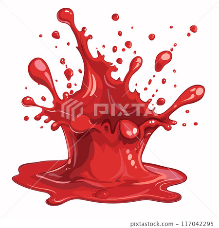 Vibrant red splash resembling blood paint, dynamic liquid splatter effect, cartoon style droplets. Red fluid bursting up, glossy splash, isolated white background, prominent splashes extending 117042295