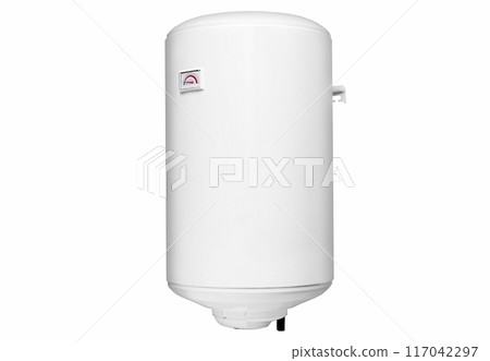 Small modern tanked combination boiler. Little regular household budget water heater. Common electric storage tank water heater. Conventional Energy-efficient home heating system on white background 117042297